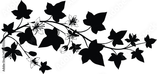 features a striking silhouette of vines and flowers that creates a dynamic and visually engaging composition. The black silhouette against a white background provides a high-contrast effect, allowing 