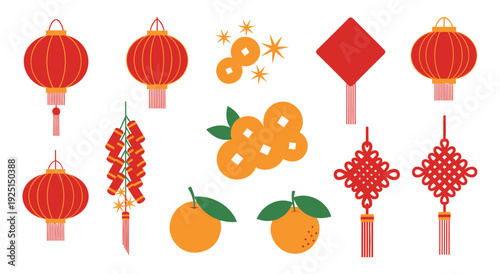Chinese new year celebration icons with lanterns, firecrackers, and oranges