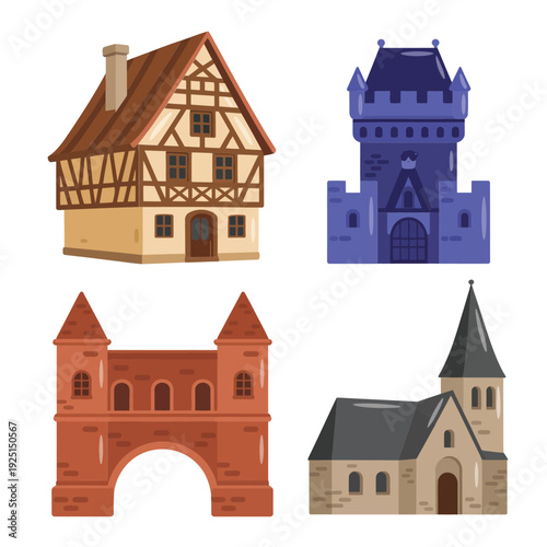 Medieval castle and town architecture icons with stone gate, arch bridge, timber house, watchtower, village church, heritage tourism design elements