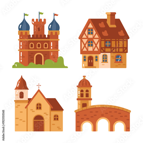 Medieval village houses and castle icons with bell church, arched aqueduct, round tower, provincial architecture, museum education materials collection