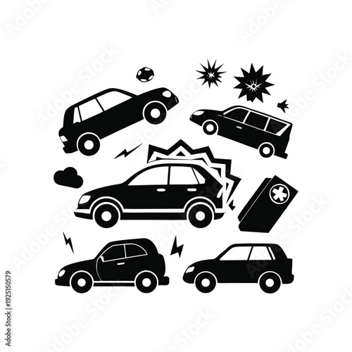 Black and White Car Crash and Vehicle Safety Vector Icon Illustration Set.