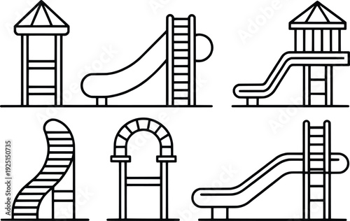 Black-and-white-illustration-of-various-playground-slides-and-structures