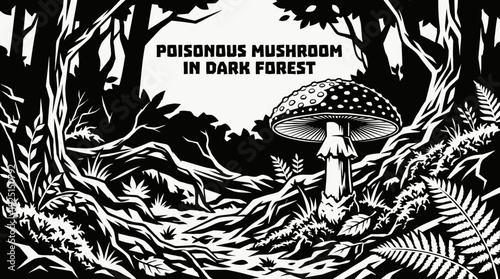 poisonous mushroom growing in a dark forest environment representing danger wild nature toxic species and mysterious woodland atmosphere