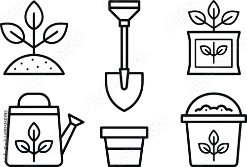 Illustration-of-gardening-tools-and-potted-plants-in-simple-line-art-style