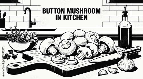 button mushrooms prepared in a modern kitchen representing healthy cooking organic ingredients and everyday food preparation