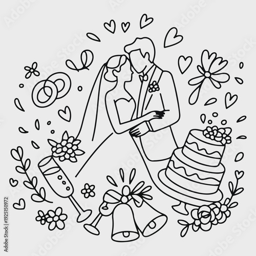 Romantic Wedding Couple Line Art – Bride and Groom Illustration with Floral & Heart Elements