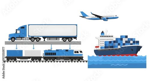 Global logistics blue and white rectangular vehicles illustrating efficient multi-modal freight transport and delivery