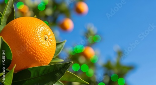 ripe orange fruit hanging on a tree branch with green leaves and blue sky