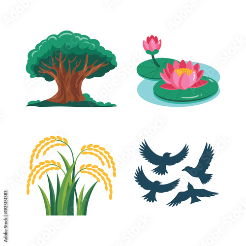Lotus pond with tree rice plant and birds, wetland landscape vector illustration for monsoon season village festival background design