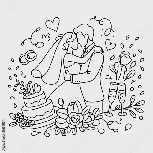 Romantic Wedding Couple Line Art – Bride and Groom Illustration with Floral & Heart Elements