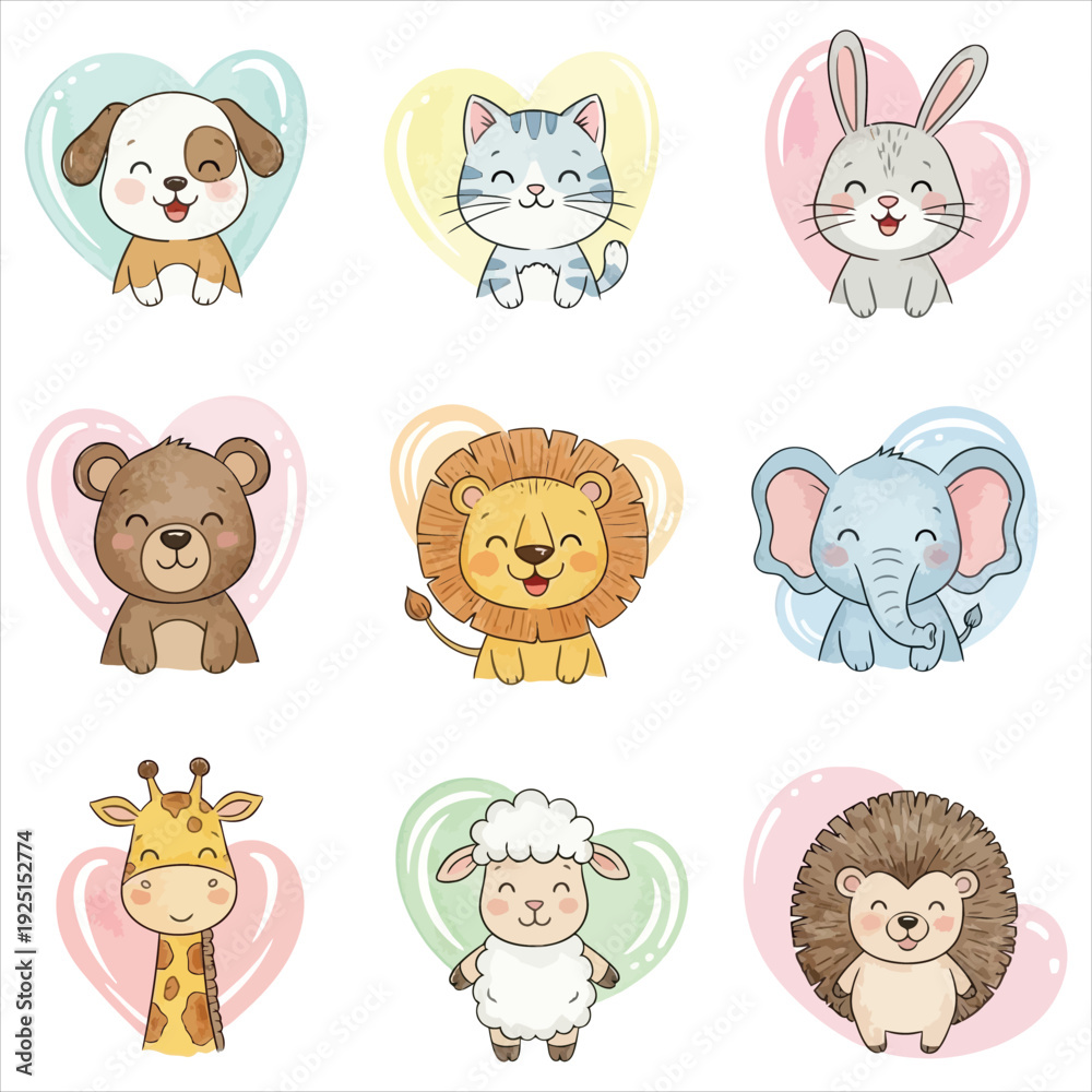 Obraz premium Cute cartoon animals in heart shapes for kids