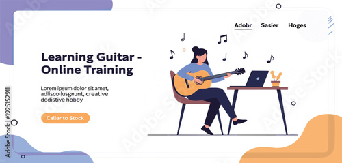 Learning Guitar Online Training Landing Page Template Featuring a Young Woman Playing Acoustic Guitar with Laptop for Music Education and Distance Learning Courses