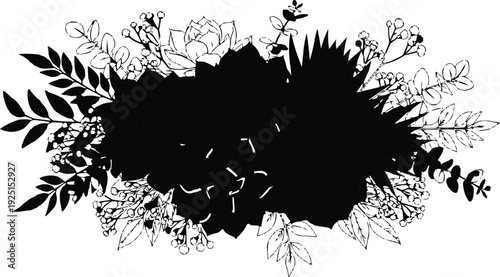  described showcases a central black silhouette that is surrounded by an intricate border of black and white foliage. This design creates a striking visual effect, with the silhouette standing out pro