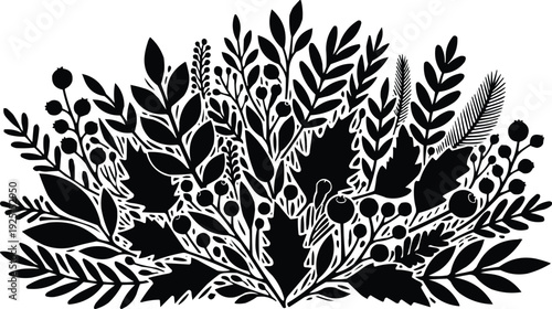  described is a black and white illustration of a floral arrangement that combines various natural elements, including leaves, branches, berries, and a single feather. The use of solid black against