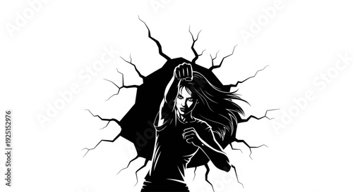 Silhouette of a strong woman punching and breaking through a cracked wall representing empowerment and strength
