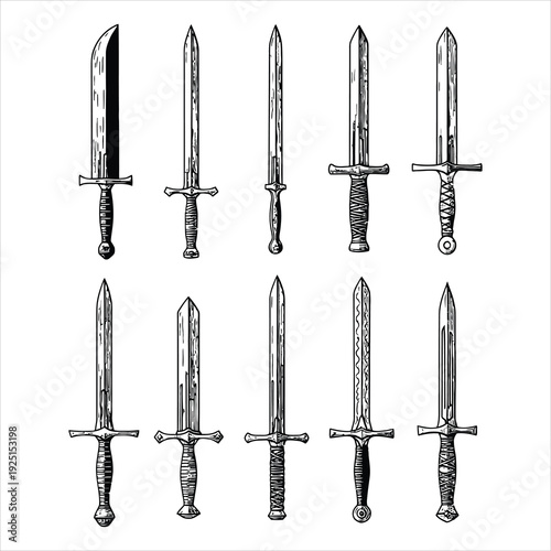 Collection of medieval swords and daggers with detailed handles