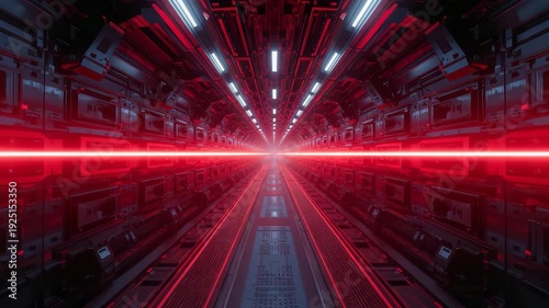 Futuristic red illuminated corridor with central laser beam and reflective metallic walls