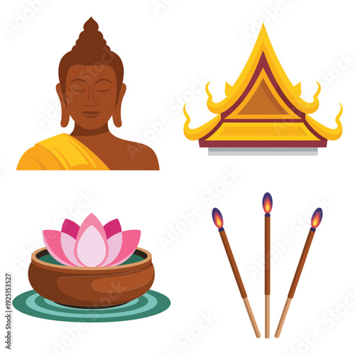 Thai temple and buddha icons with lotus offering bowl and incense sticks for visakha celebration, meditation poster, cultural event design