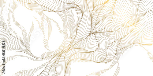 Elegant gold line floral pattern on white background, abstract waves, flowing curves, botanical elements. Luxury vector illustration, Japanese, Chinese ornament, geometric deco style, premium