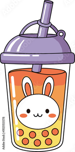 Cute bubble tea cartoon vector illustration with bunny character inside cup, kawaii milk tea drink icon isolated on white for kids, cafe and playful design