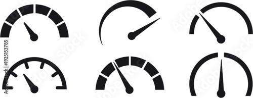 Speedometer gauge icons set showing performance measurement dashboard meters for speed pressure level monitoring flat vector illustration collection