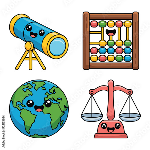 Colorful telescope, abacus, earth globe and justice scale icons for school science fair, geography lesson, law education, classroom design