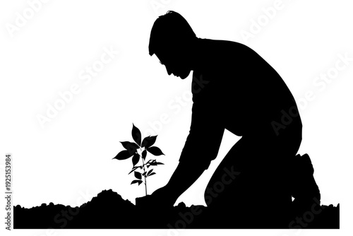 Person Planting Tree Sapling Silhouette Vector for Environmental Conservation and Sustainability Growth Concept