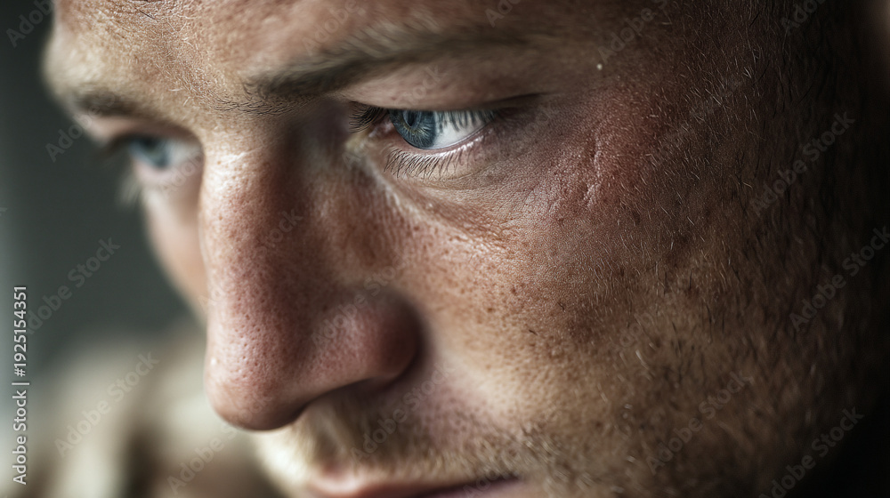 Fototapeta premium Extreme close-up of a man's tired, weathered face with blue eyes, sweat on his skin, and stubble, showing signs of hardship and introspection.