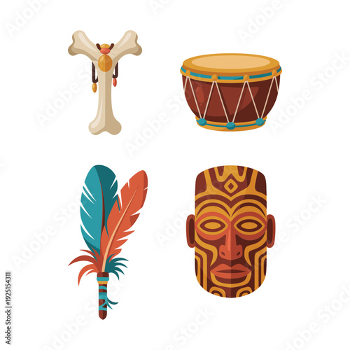 Totem mask, ceremonial drum, sacred bone, feather staff icons, indigenous ritual vector set for festival branding, museum education design assets