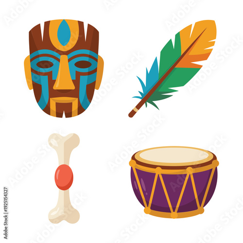 Decorative tribal mask with feather, bone amulet and drum, cultural ceremony icon set for poster, craft workshop, heritage design project