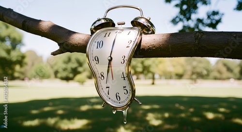 A melting clock draped over a tree branch, symbolizing the surreal nature of time and its fluidity in a dreamlike, distorted reality