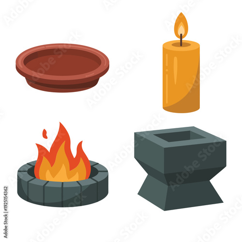 Clay plate, tall candle, ring hearth and stone pedestal icons, ceremony fire vector set for worship, meditation, festival design collection