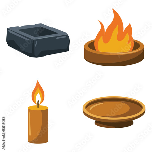Square stone altar, round flame platform, candle and offering dish icons, ritual equipment vector set for ceremony, festival design toolkit