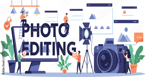 Photo Editing and Photography Studio Concept with Photographers Working on Images, Camera Equipment and Creative Digital Media Vector Illustration