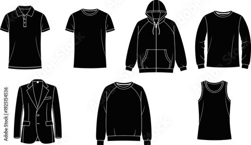 Men and women fashion apparel collection, blank black clothing templates, flat vector illustrations, t-shirt, polo, hoodie, jacket, sweatshirt, tank top, silhouette.