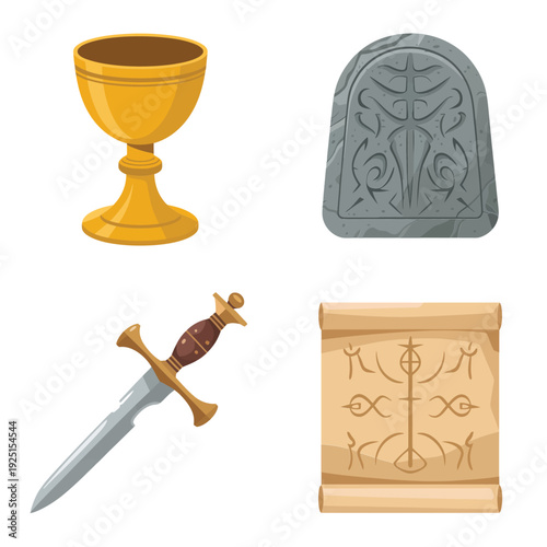 Temple ceremony icons for history festival, golden chalice, sacred tablet, ritual sword, altar pedestal, reenactment session graphics, cultural heritage
