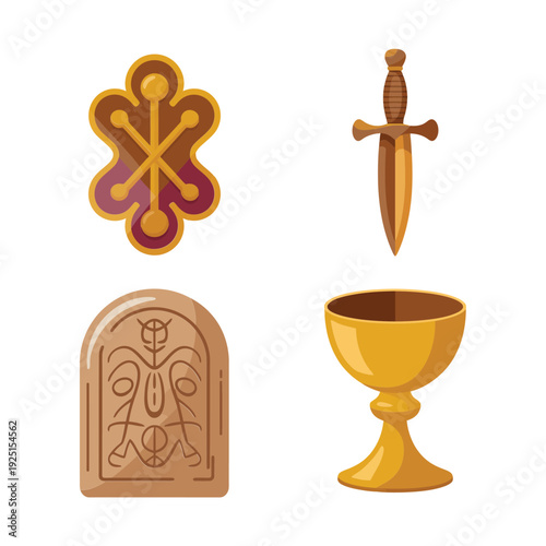 Ancient relic icons for mythology night, sacred knot, ritual dagger, inscribed tablet, golden chalice, storytelling session, museum workshop graphics