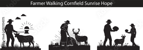 Silhouette of farmer walking in corn field at sunrise hoping for good harvest agriculture concept