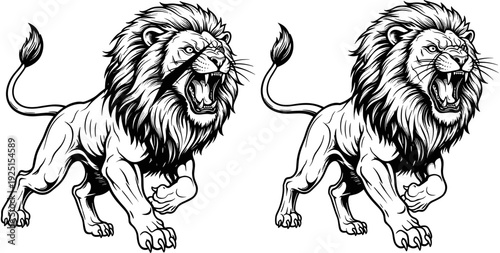 Powerful roaring lion vector illustration, majestic wild animal silhouette, angry king predator mascot, aggressive feline jungle creature, hand drawn sketch design,