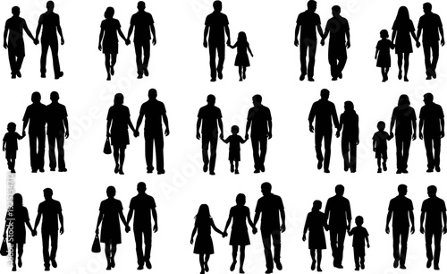 Set, of, various, family, silhouettes, featuring, couples, and, parents, walking, with, children, holding, hands, isolated, on, white, background, vector, illustration.