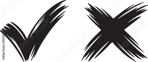 Bold hand drawn black check mark and cross symbols isolated on a transparent background illustrating yes and no choices