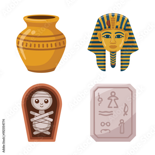 Egyptian archaeology icons including pharaoh mask, clay amphora, mummified sarcophagus and stone justice tablet for museum education branding materials