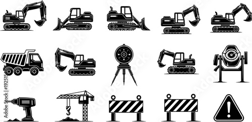 Heavy construction equipment and machinery icons set, excavator, bulldozer, crane, truck, road barrier, building industry vector silhouettes, site tools collection.