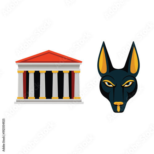 Temple and Anubis jackal head icons for mythology studies, classical architecture column building, ancient culture education, festival poster graphics