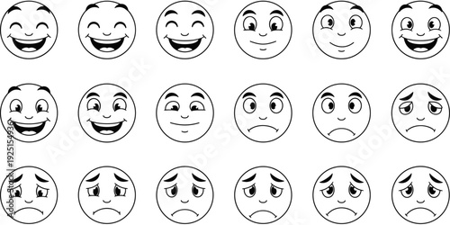Happy, sad, and surprised emoji faces set, various facial expressions collection, vector line art icons, emotional character avatars for web design