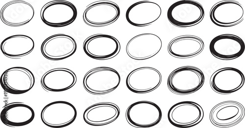 Collection of diverse hand drawn oval shapes and sketchy circles for graphic design elements