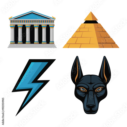 Heritage icons with Greek temple, stepped pyramid, thunderbolt symbol and Anubis head for archaeology fair, culture lesson, documentary graphics