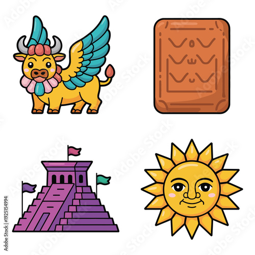 Mythical guardian lion winged creature, clay tablet, fortress tower and smiling sun icons for history festival, archaeology exhibition graphics