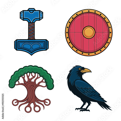 Norse symbols vector pack with tree of life, raven, warrior shield, mythic hammer for winter solstice poster, heritage festival branding