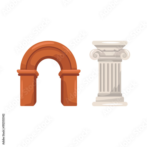 Ancient architecture elements set with stone arch and ionic column for restoration conference, museum education program, heritage festival, design resources